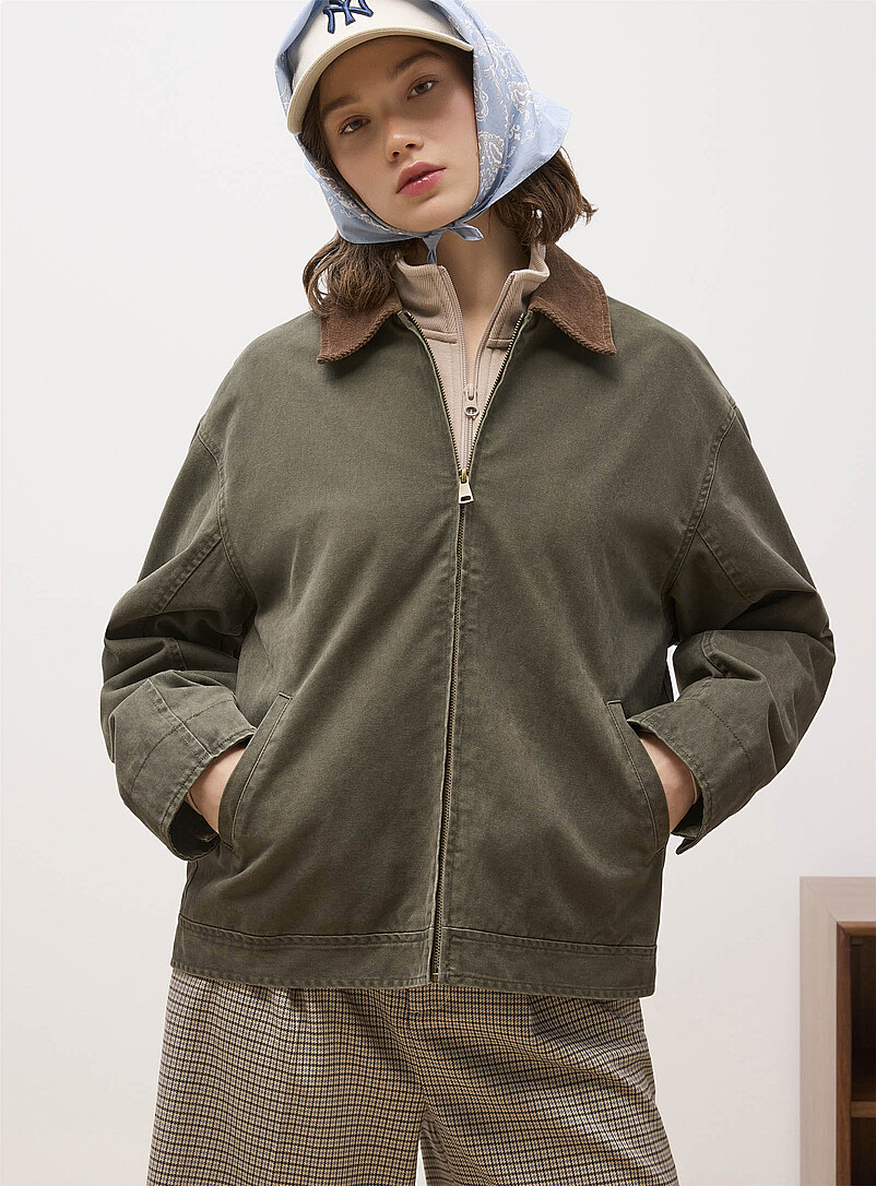 Twik Mossy Green Corduroy-collar zip-up twill jacket for women