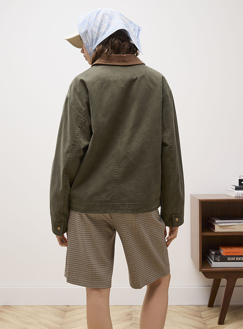 Twik Mossy Green Corduroy-collar zip-up twill jacket for women