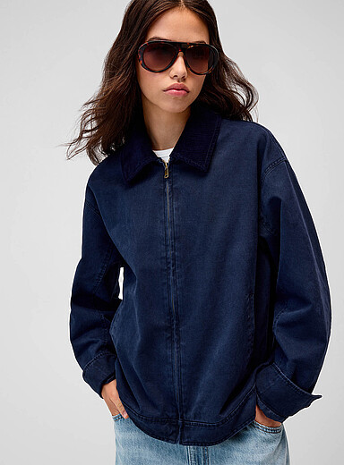 Corduroy-collar zip-up twill jacket