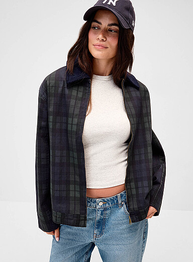 Twik Patterned Blue Corduroy-collar zip-up twill jacket for women