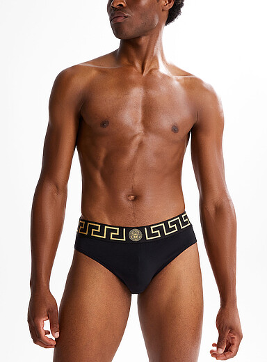 Versace: Le maillot slip taille Greca Noir pour homme