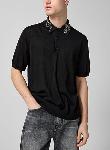 Versace Black Crystal collar pure silk fine-knit polo shirt for men
