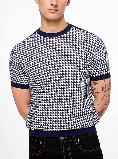 Versace: Le chandail manches courtes jacquard triangle Bleu &agrave; motifs pour homme