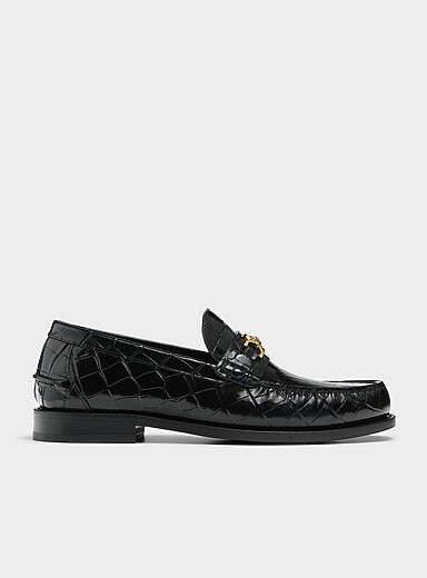 Versace Black Golden buckle faux croc-skin leather loafers Men for men