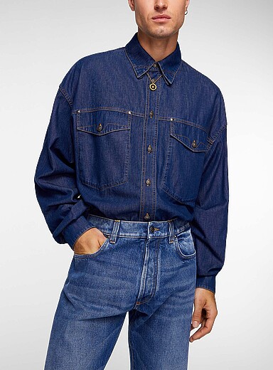 Versace Indigo/Dark Blue Patch pockets loose denim shirt for men