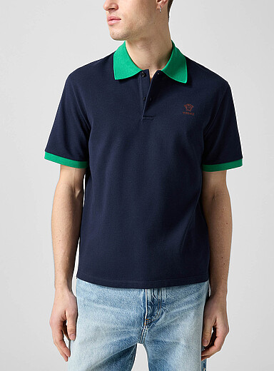 Versace Navy/Midnight Blue Contrasting collar piqu&eacute; polo shirt for men