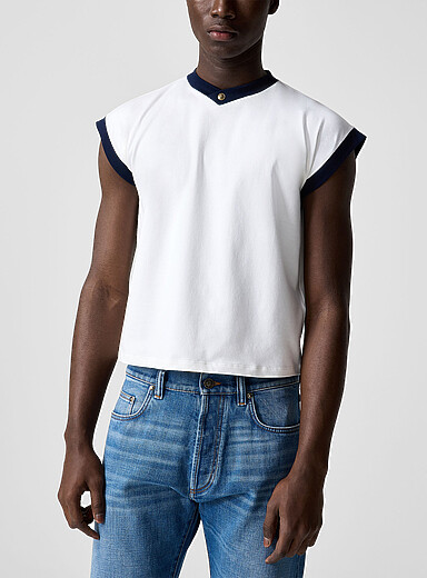 Versace Patterned White Contrast trim V-neck cropped T-shirt for men