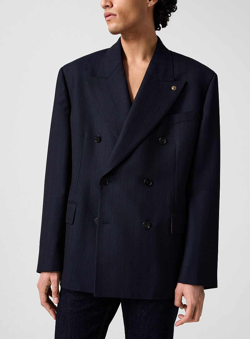 Grooved Stripes Double-Breasted Blazer With Pin