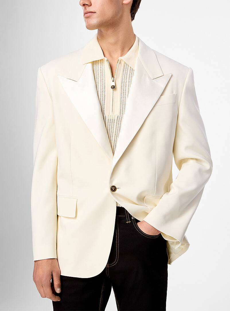 Satiny Collar Cream-Coloured Tuxedo Jacket