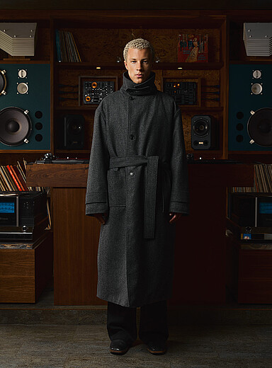 FIVE STUDIOS Charcoal Melton insulated herringbone overcoat for men