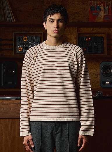 FIVE STUDIOS Ivory/Cream Beige Twin-stripe boxy sweater for men