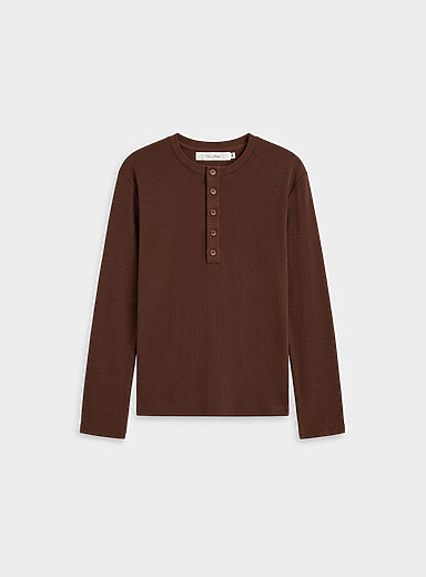 FIVE STUDIOS Brown Ribbed jersey Henley T-shirt for men