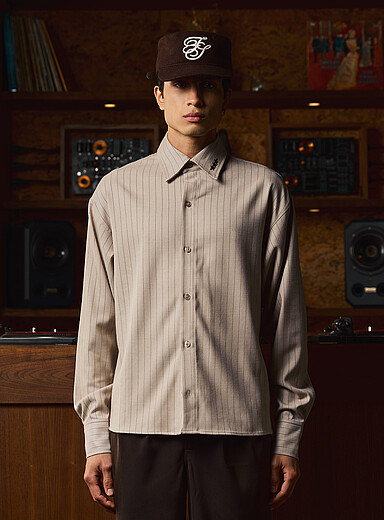 FIVE STUDIOS: La chemise flanelle rayures banquier Ivoire - Beige cr&egrave;me pour homme