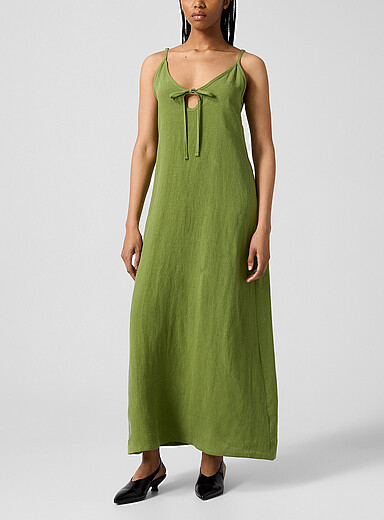 Eliza Faulkner Khaki/Sage/Olive Ivy tie-collar pure linen maxi dress for women