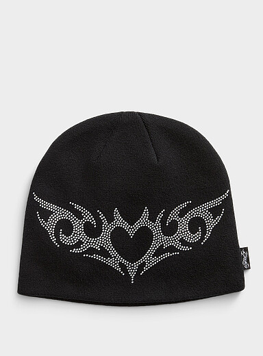 Rhinestone winged heart cuffless tuque
