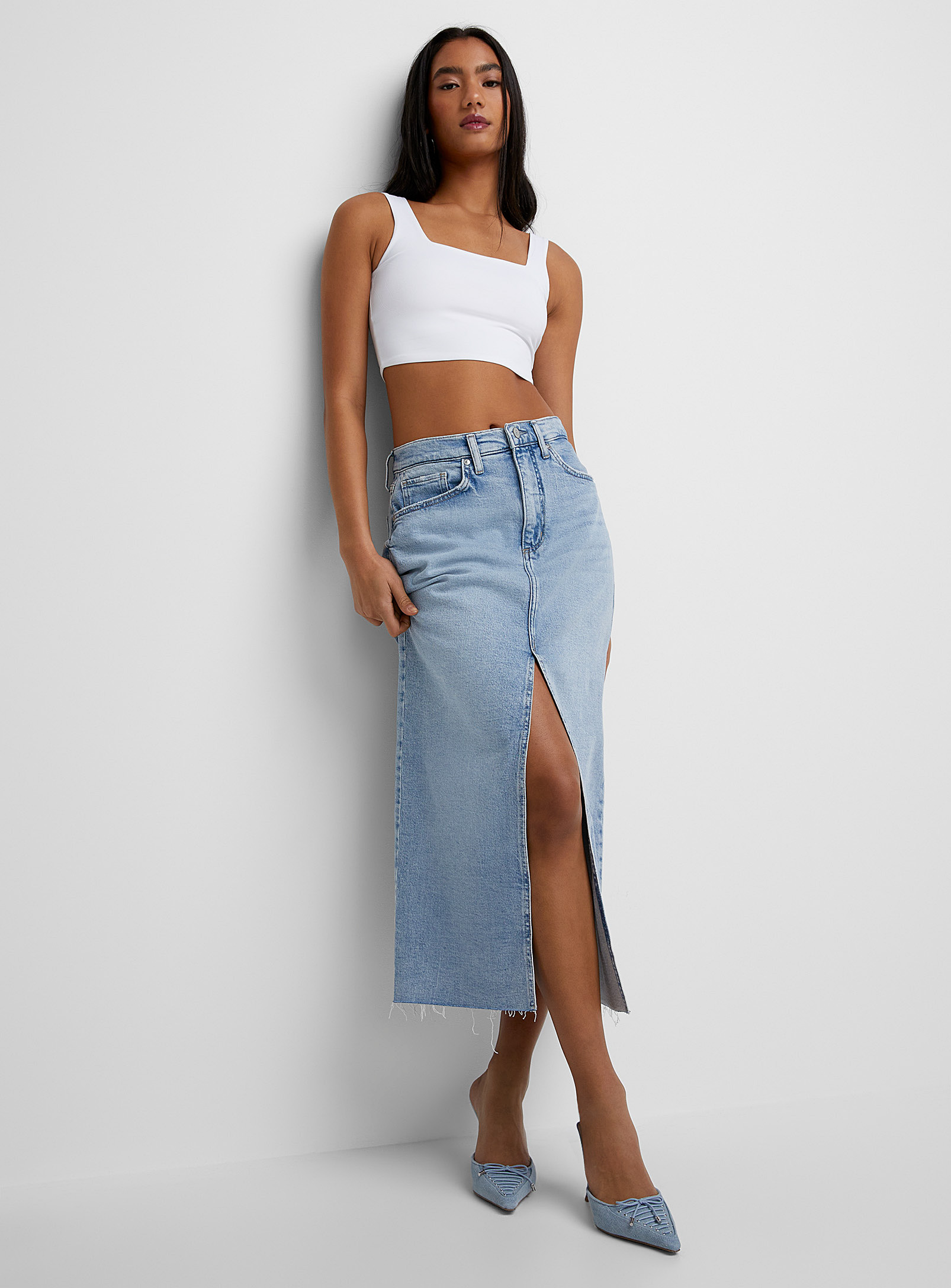 Icone Long Front Slit Faded Denim Skirt In Blue