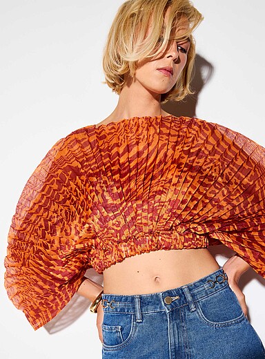 Ic&ocirc;ne: La blouse &agrave; motif manches papillon organza pliss&eacute; Orange &agrave; motifs pour femme