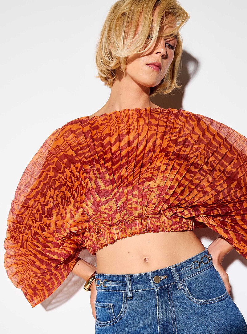 Pleated organza flutter sleeves patterned blouse product image (primary)