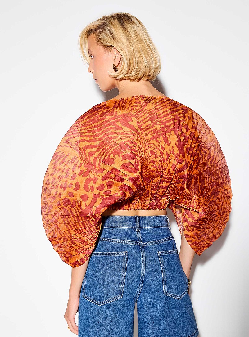 Pleated organza flutter sleeves patterned blouse product image 3