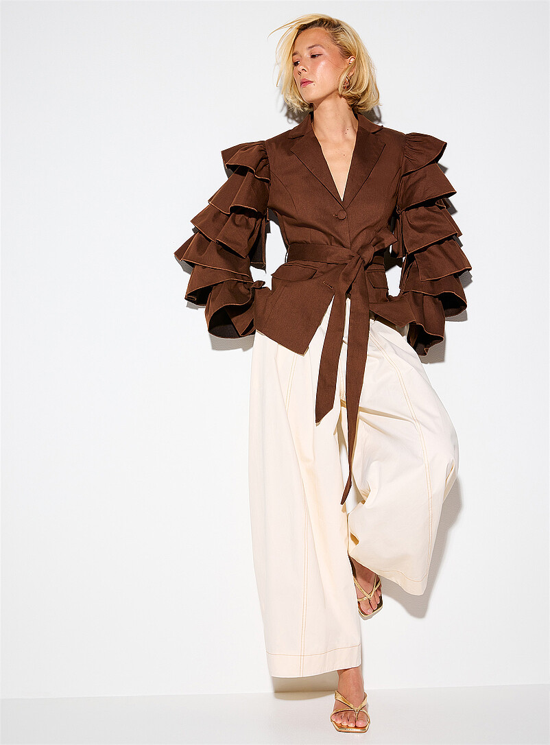 Ruffled sleeves belted twill blazer product image (primary)
