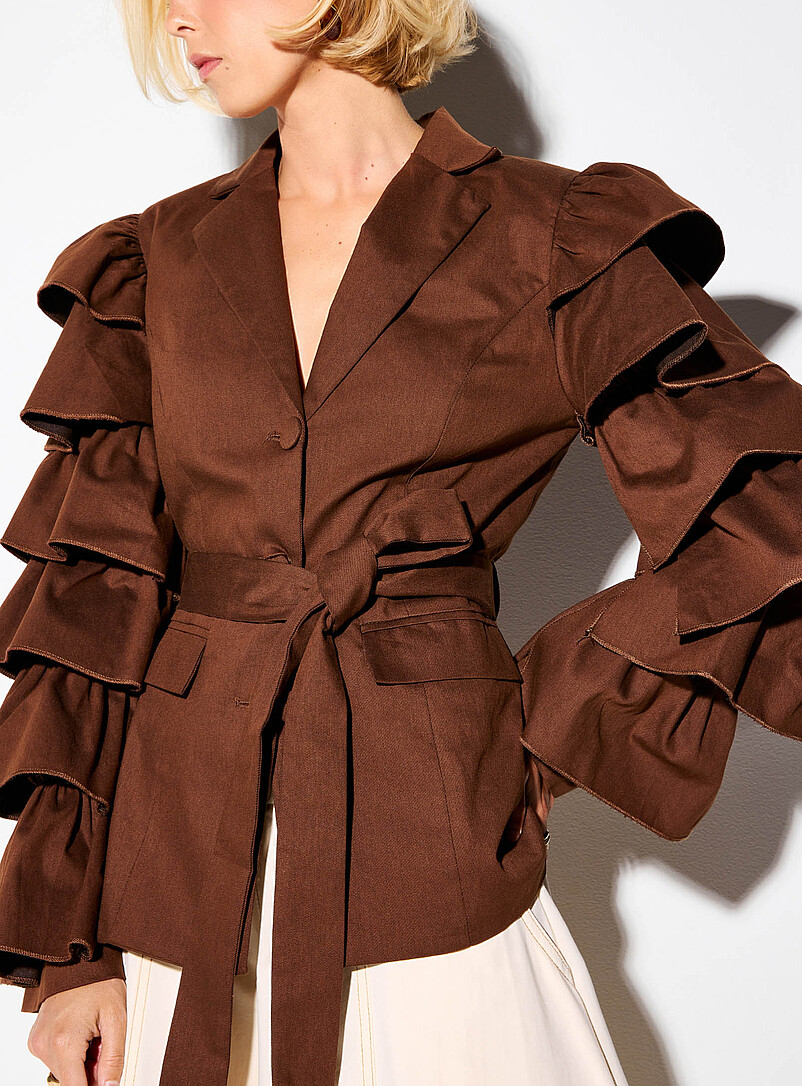 Ruffled sleeves belted twill blazer product image 2
