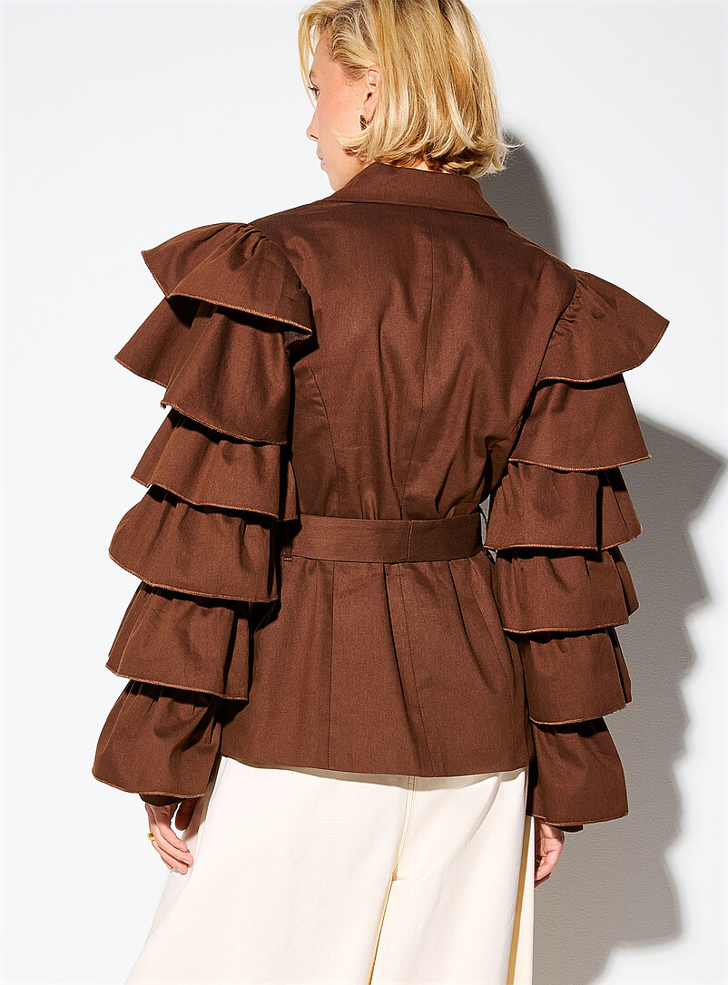 Ruffled sleeves belted twill blazer product image 3