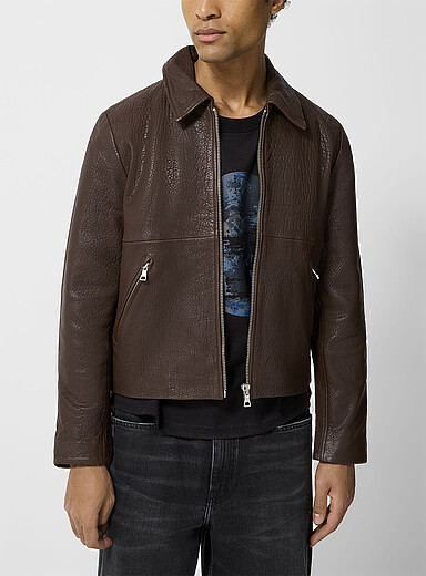 Won Hundred: La veste cuir grain&eacute; zipp&eacute;e Dutton Brun noisette pour homme