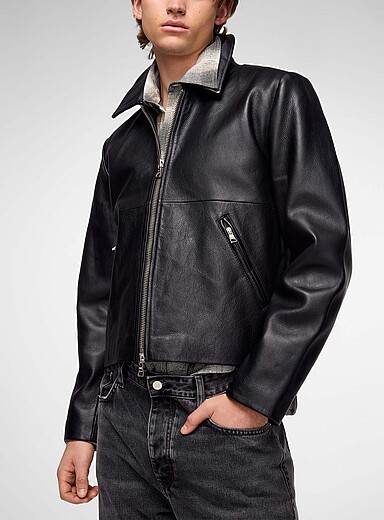 Won Hundred: La veste cuir grain&eacute; zipp&eacute;e Dutton Noir pour homme