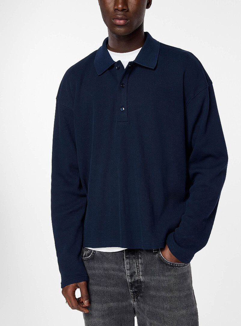 Theo waffle-knit long-sleeve polo shirt product image (primary)