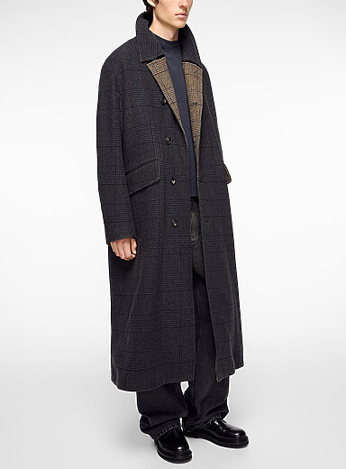 Our Legacy Grey Collapse checkered pure wool long coat for men