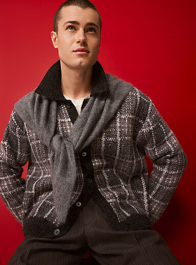 Our Legacy Charcoal Brown Evening polo-collar checkered cardigan for men