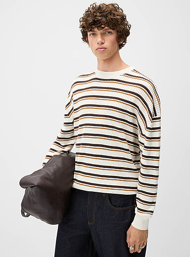 Redefined rebel Patterned Beige Pointelle knit striped sweater for men