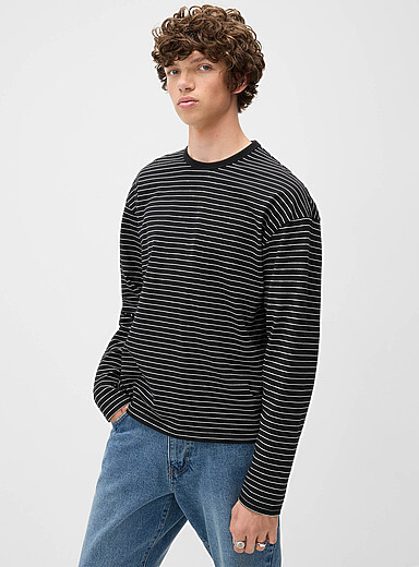 Redefined rebel Black Loose T-shirt with contrasting pinstripes for men