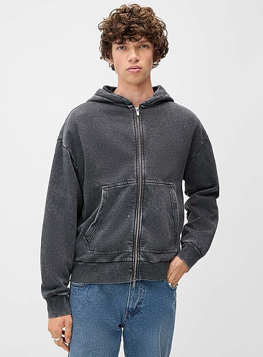 Redefined rebel Black Acid wash zipped hoodie for men