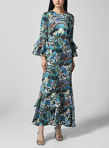 Liberty: La robe florale &agrave; volants pure soie Vert pour femme