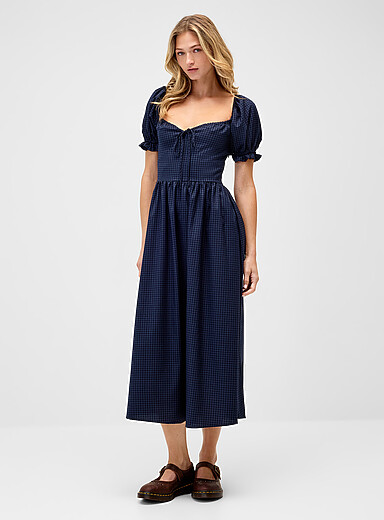 Checkered puff-sleeve maxi dress