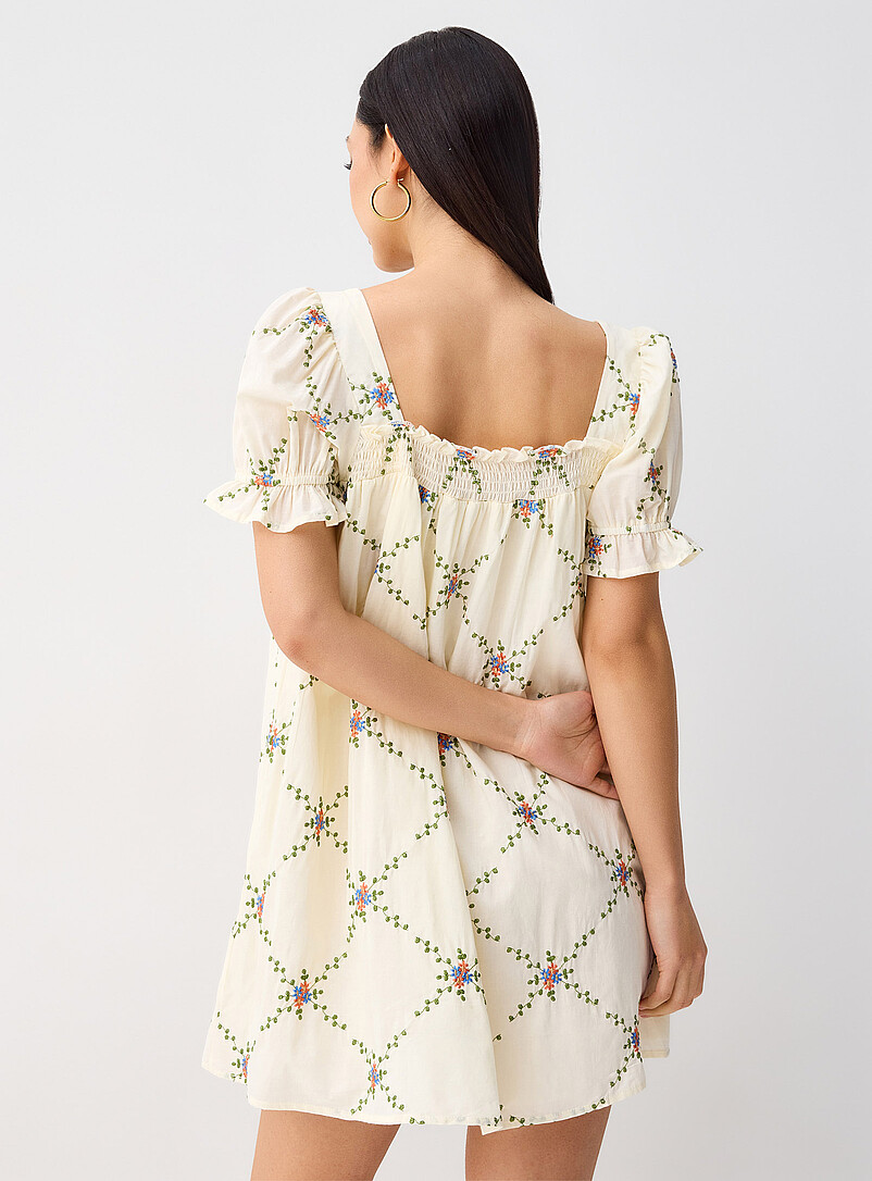 Needii Patterned Ecru Embroidered flowers babydoll dress for women