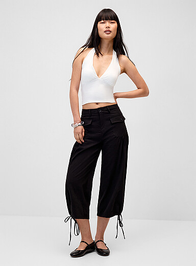 Twill wide-leg cropped pant