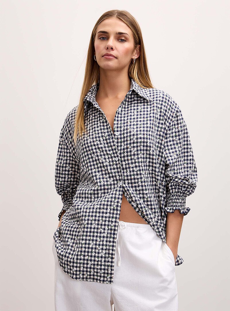 Ic&ocirc;ne Navy/Midnight Blue Tiny white flowers navy blue gingham shirt for women
