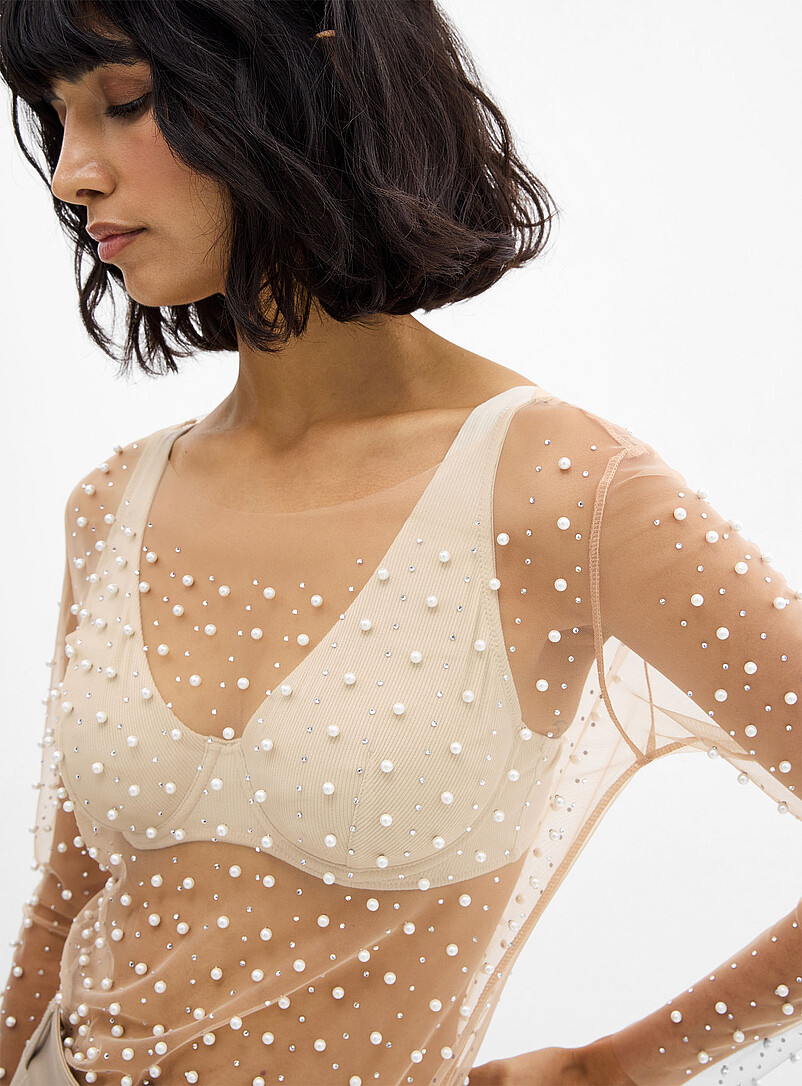 Ic&ocirc;ne: Le t-shirt filet perles et cristaux Noir pour femme