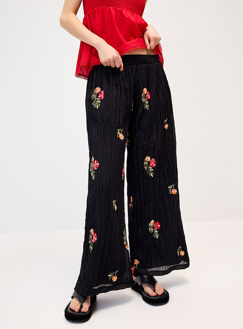 Twik Black Embroidered flowers crinkled pant for women