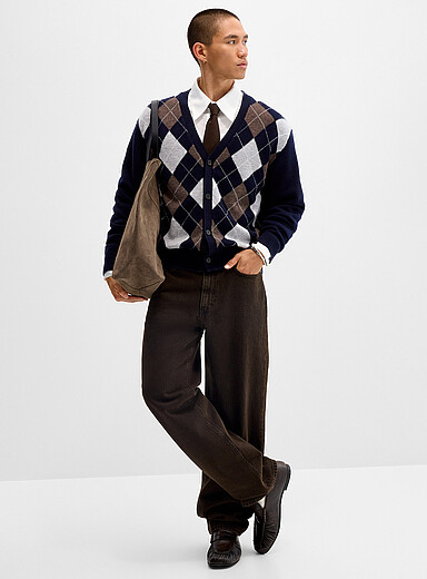 DUNST Navy/Midnight Blue English argyle cardigan for men