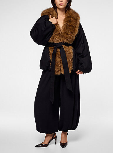 Rotate: Le manteau col fausse fourrure Noir pour femme