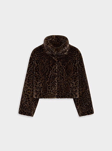 Rotate: La veste courte fausse fourrure l&eacute;opard Brun &agrave; motifs pour femme
