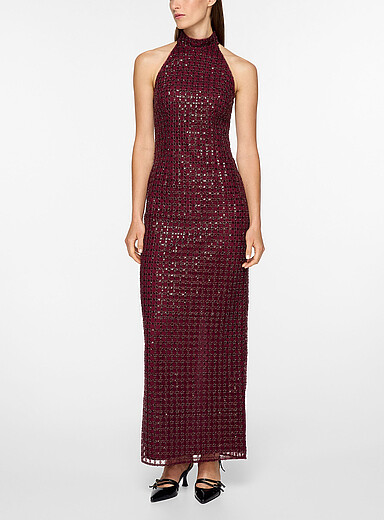 Rotate Burgundy Checked bead embroidery halter maxi dress for women