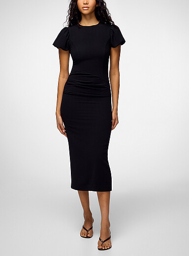 Rotate Black Puff-sleeve midi dress for women