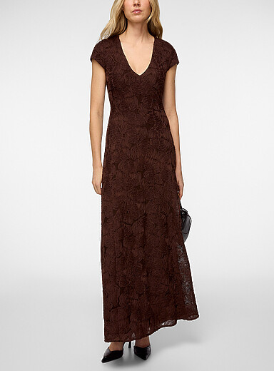 Rotate: La robe longue tulle fleuri Chocolat - Espresso pour femme