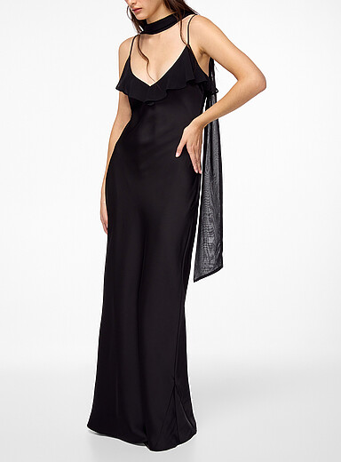 Rotate: La robe nuisette col V &agrave; volants Noir pour femme