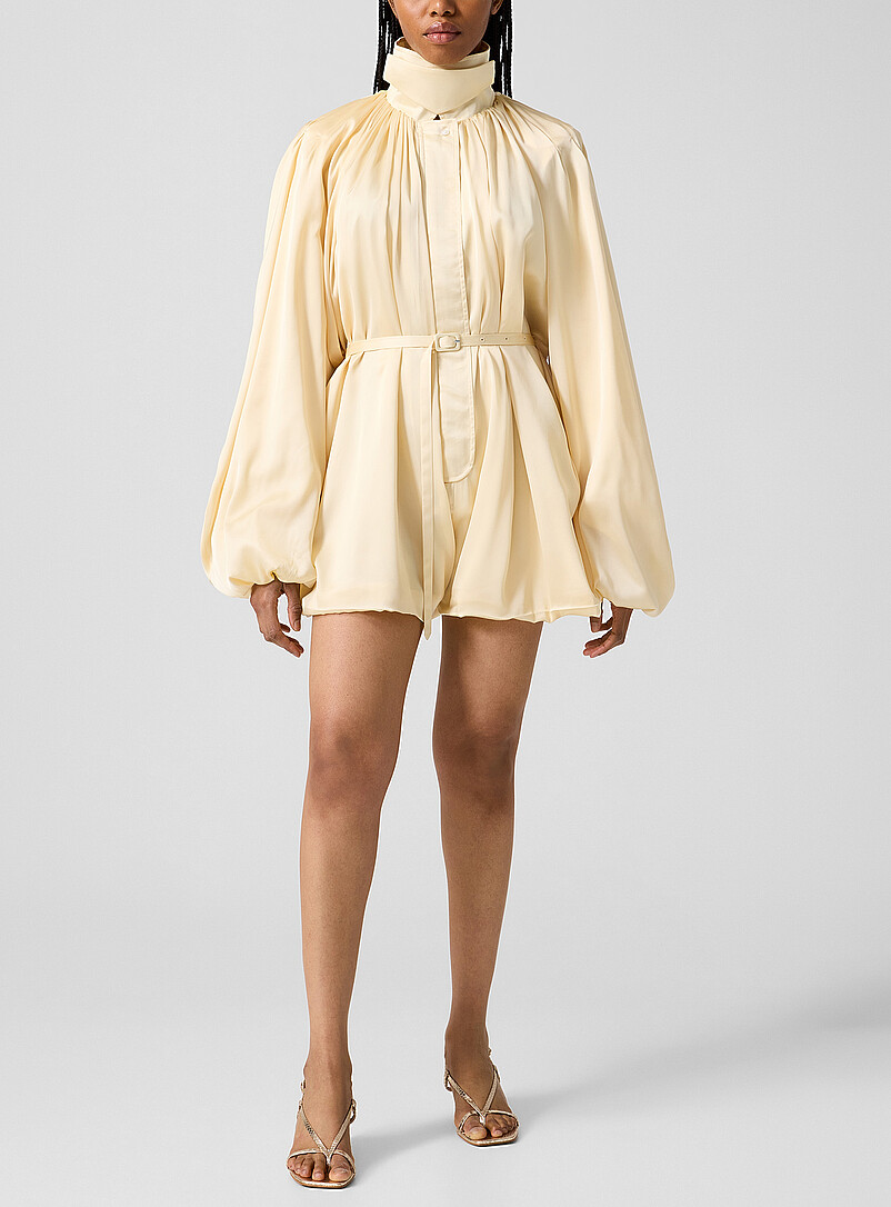 Puff sleeves satin draped romper product image (primary)