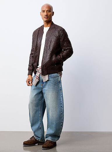 Le 31 Chocolate/Espresso Josh braided leather bomber jacket for men